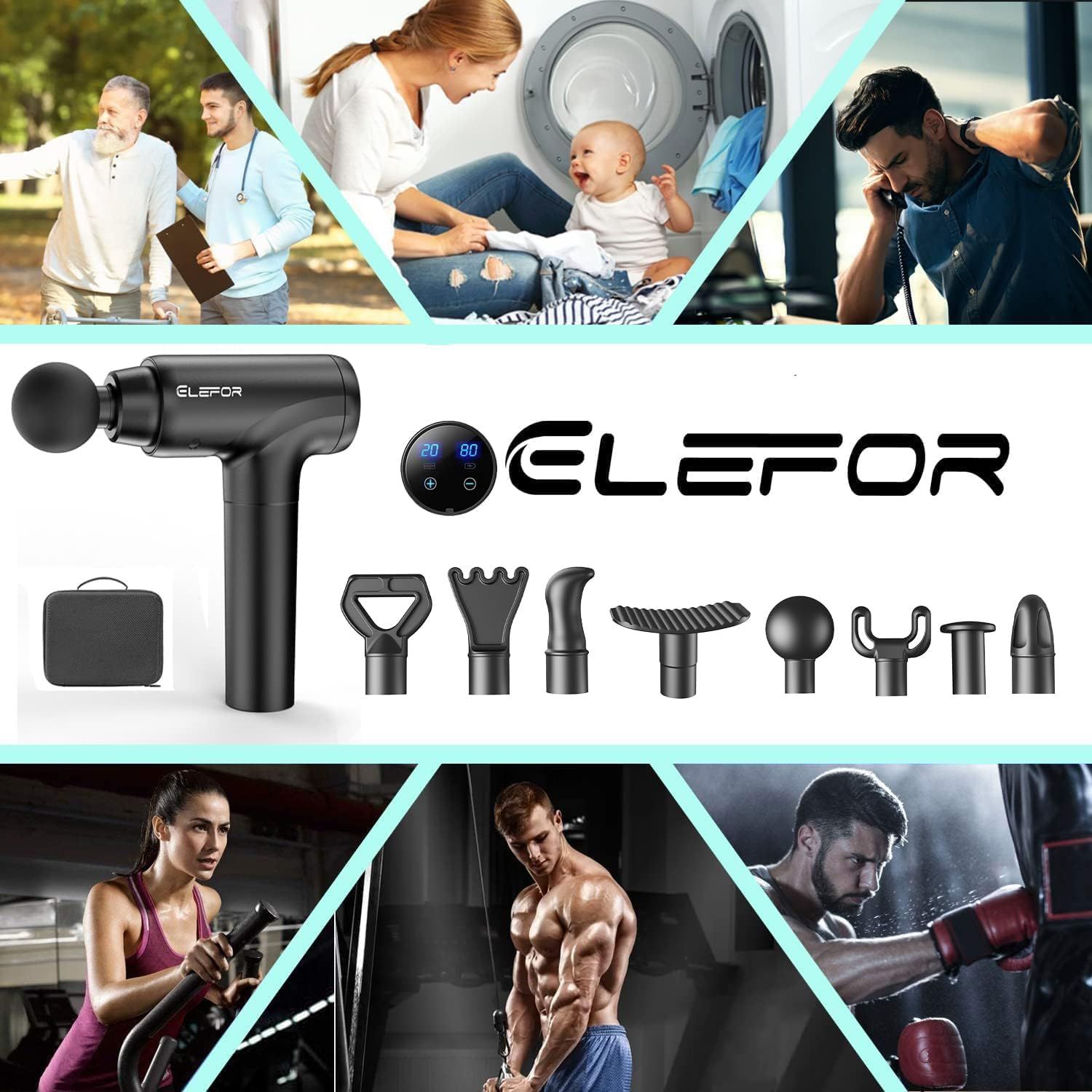 Shows the customer everything included in the package: the massage gun, carrying case, and 8 different attachment heads, demonstrating the completeness and value of the bundle. Demonstrates the…