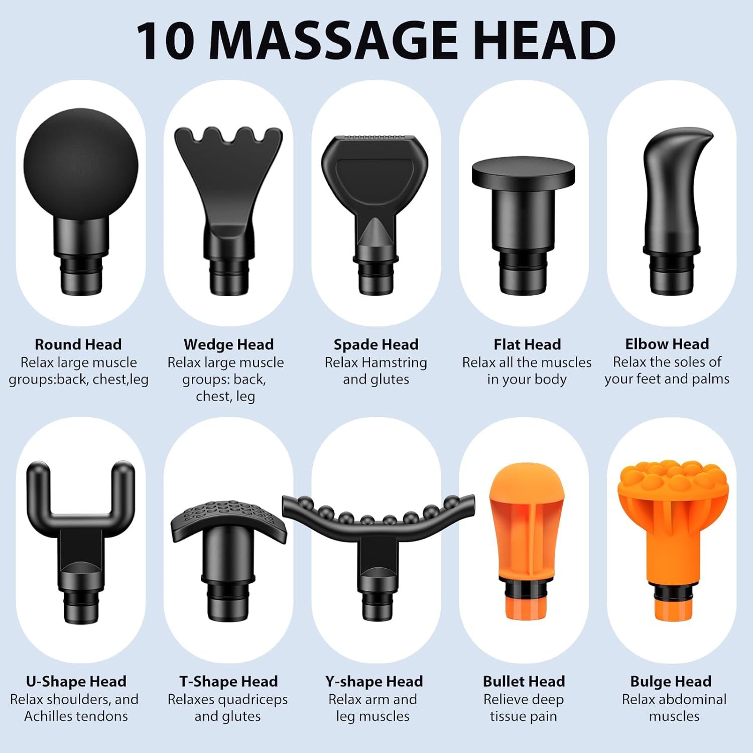 Shows all the massage head attachments included with the product, helping shoppers understand the variety of options available for different muscle groups and massage needs.