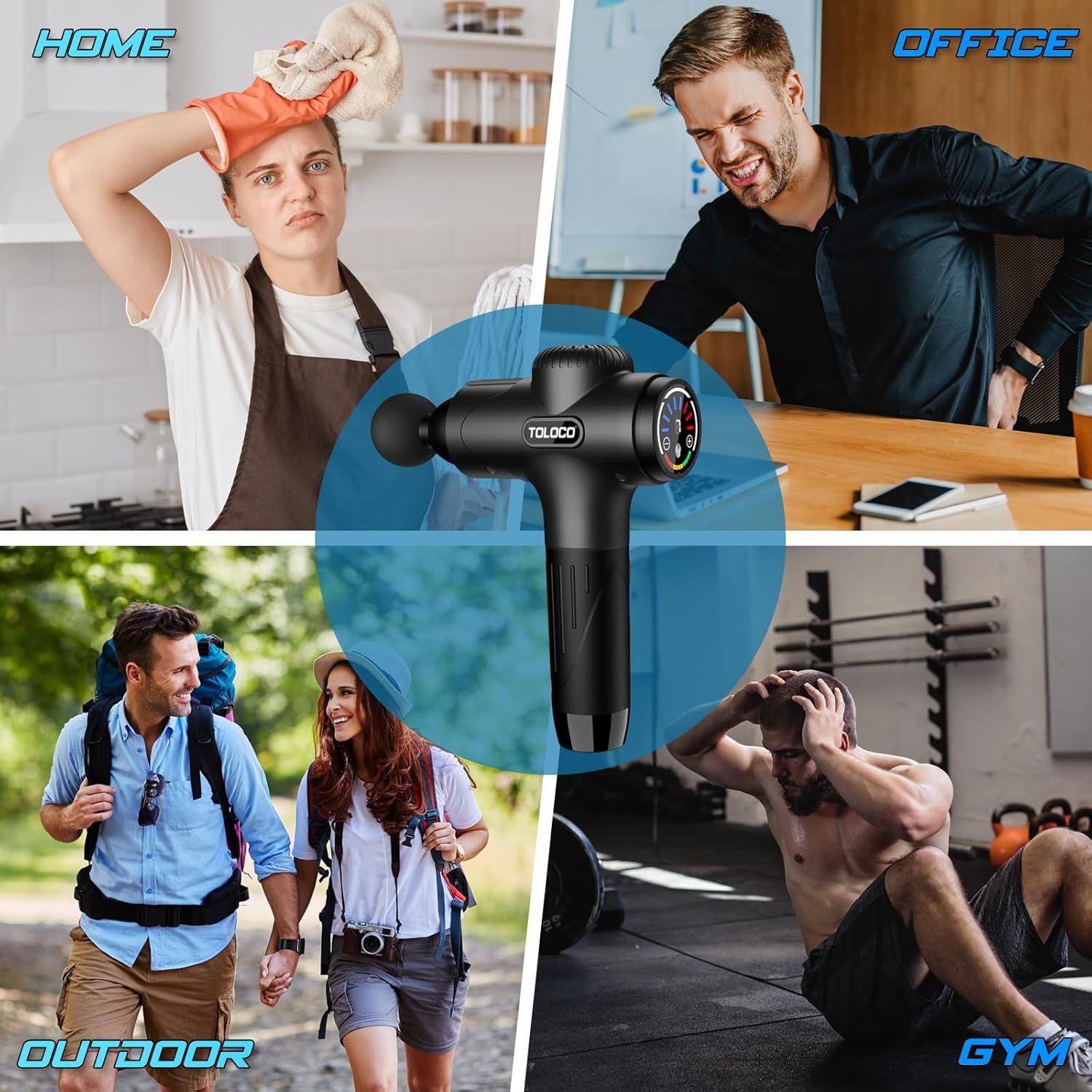 Demonstrates the massage gun's versatility by showing it can be used in four different environments: home cleaning recovery, office desk relief, outdoor hiking recovery, and gym workout recovery.