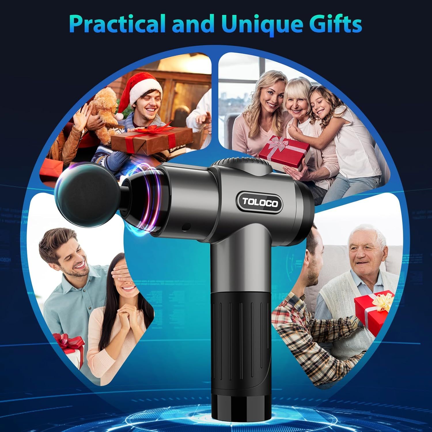 Positions the massage gun as a practical and unique gift for various recipients during the holiday season, emphasizing its universal appeal and gift-worthiness.