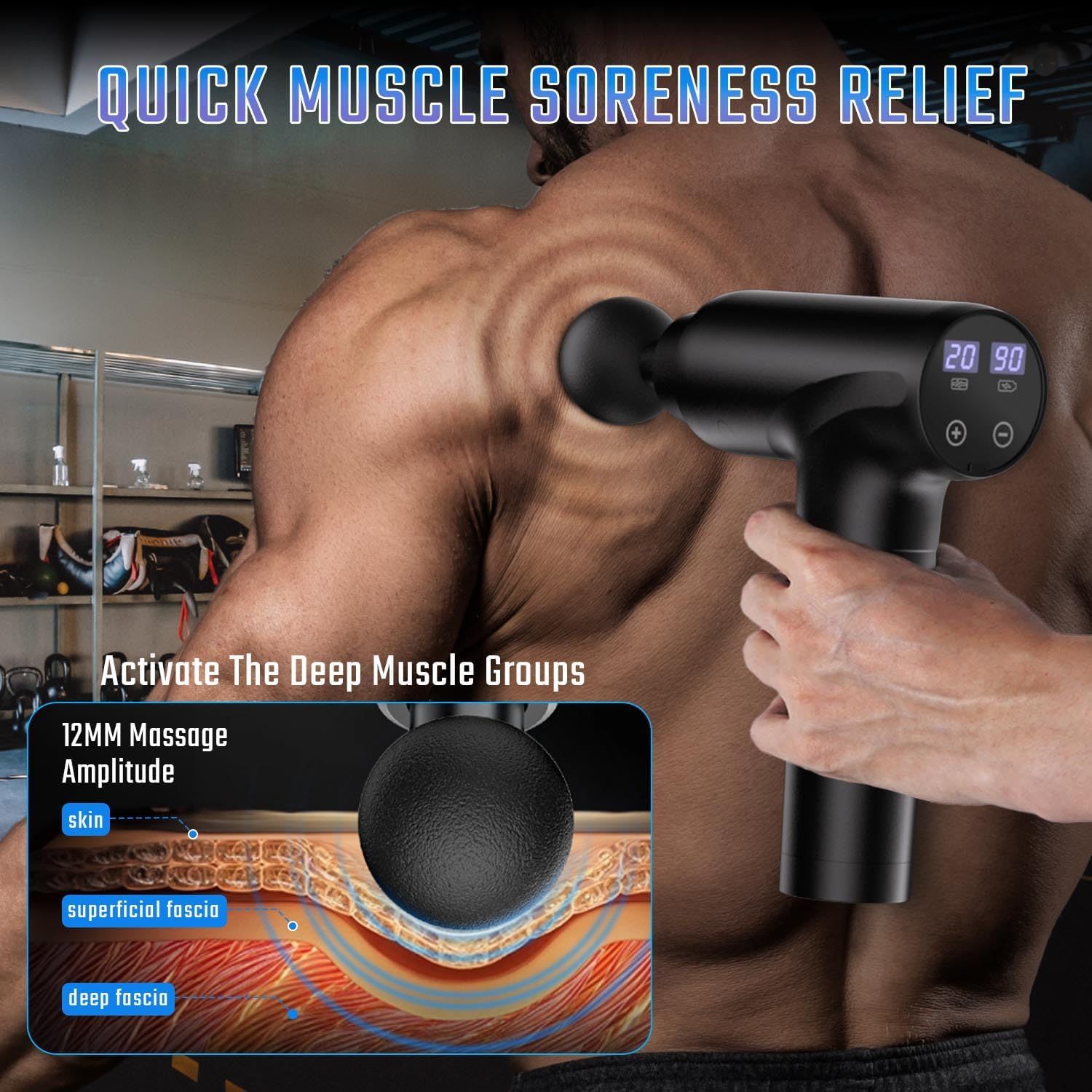Communicates the product's ability to provide quick muscle soreness relief by activating deep muscle groups with 12mm massage amplitude, reassuring shoppers of its therapeutic effectiveness. Shows…