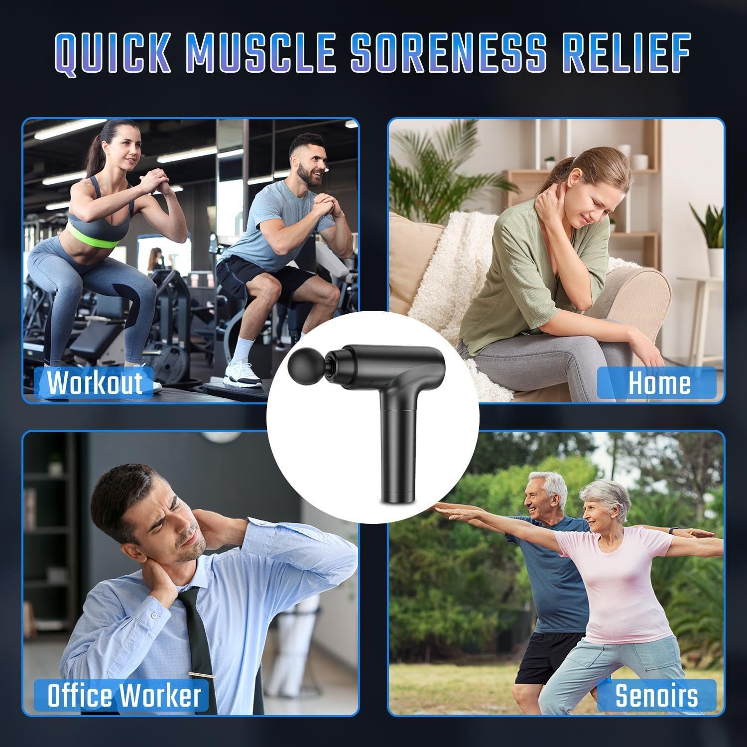 Demonstrates the versatility of the massage gun by showing it can be used across four different scenarios and user types, from gym workouts to home relaxation…