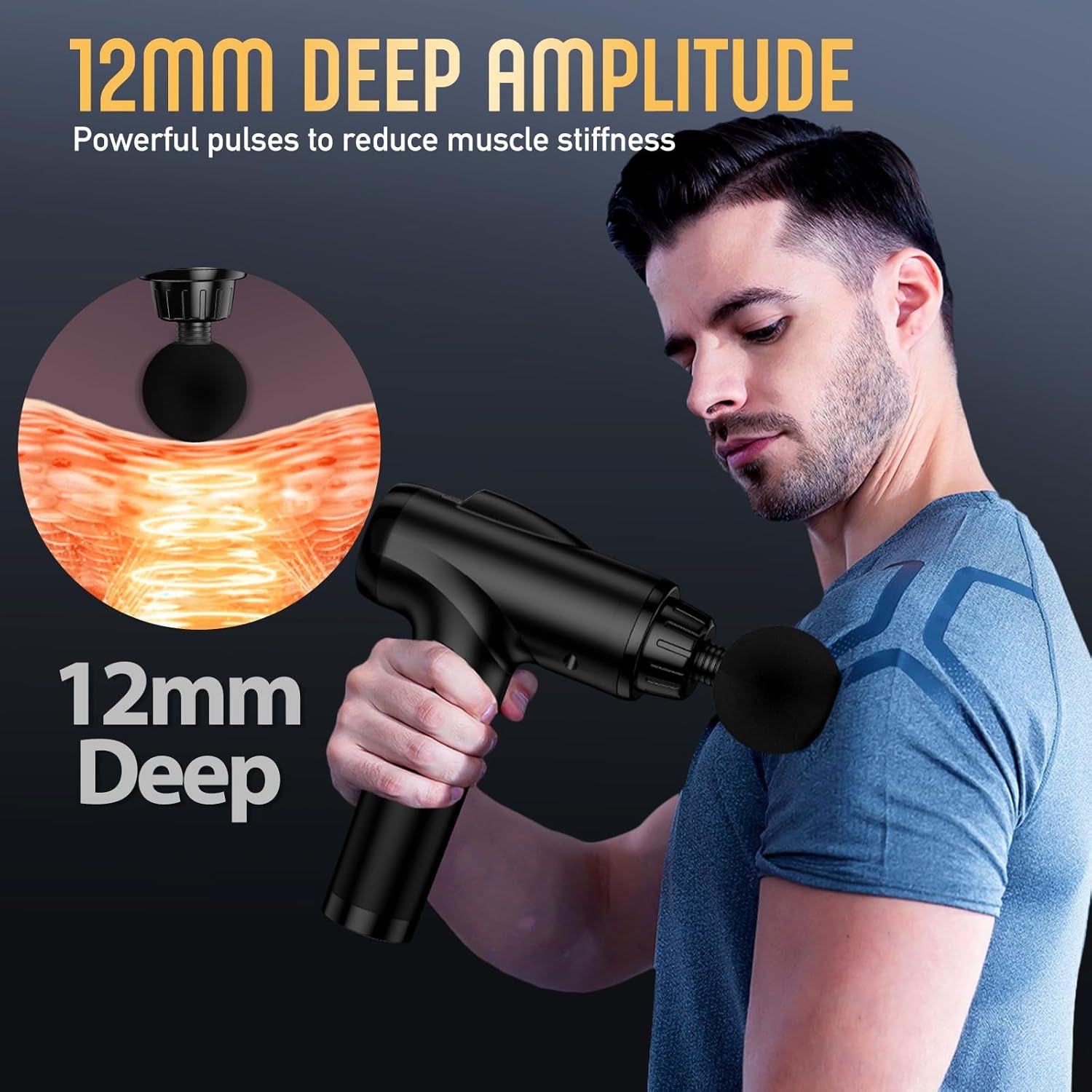Highlights the product's 12mm deep amplitude specification to communicate powerful, deep-tissue massage capability that reduces muscle stiffness. Demonstrates the massage gun's deep amplitude…