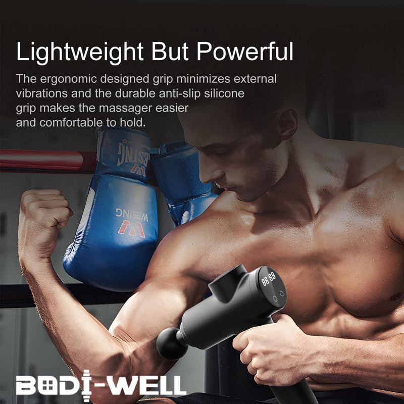 Communicates that the massager is lightweight yet powerful, with an ergonomic anti-slip grip that minimizes vibrations and makes it comfortable to hold during…