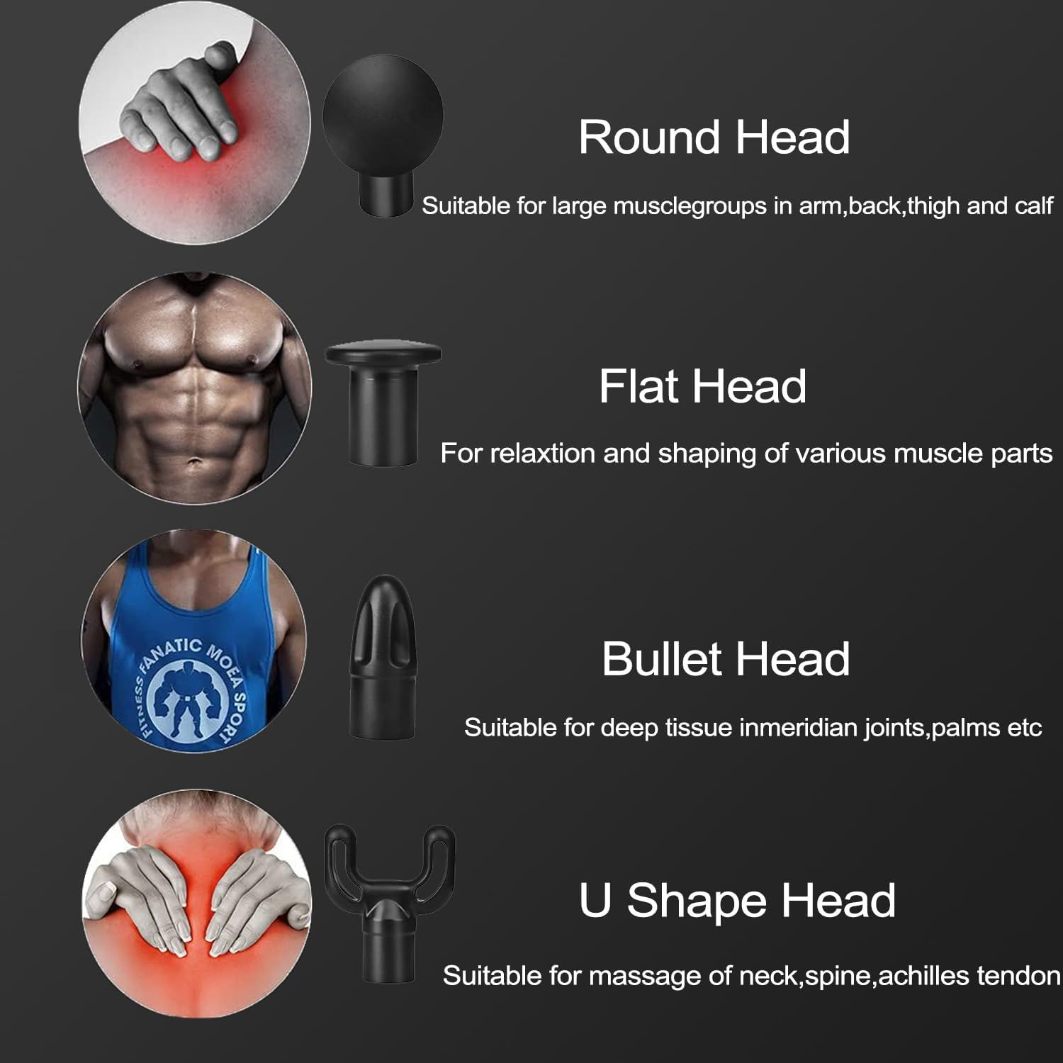 Demonstrates the multiple attachment options available with the massage device and explains which head type is suitable for which body areas and massage…