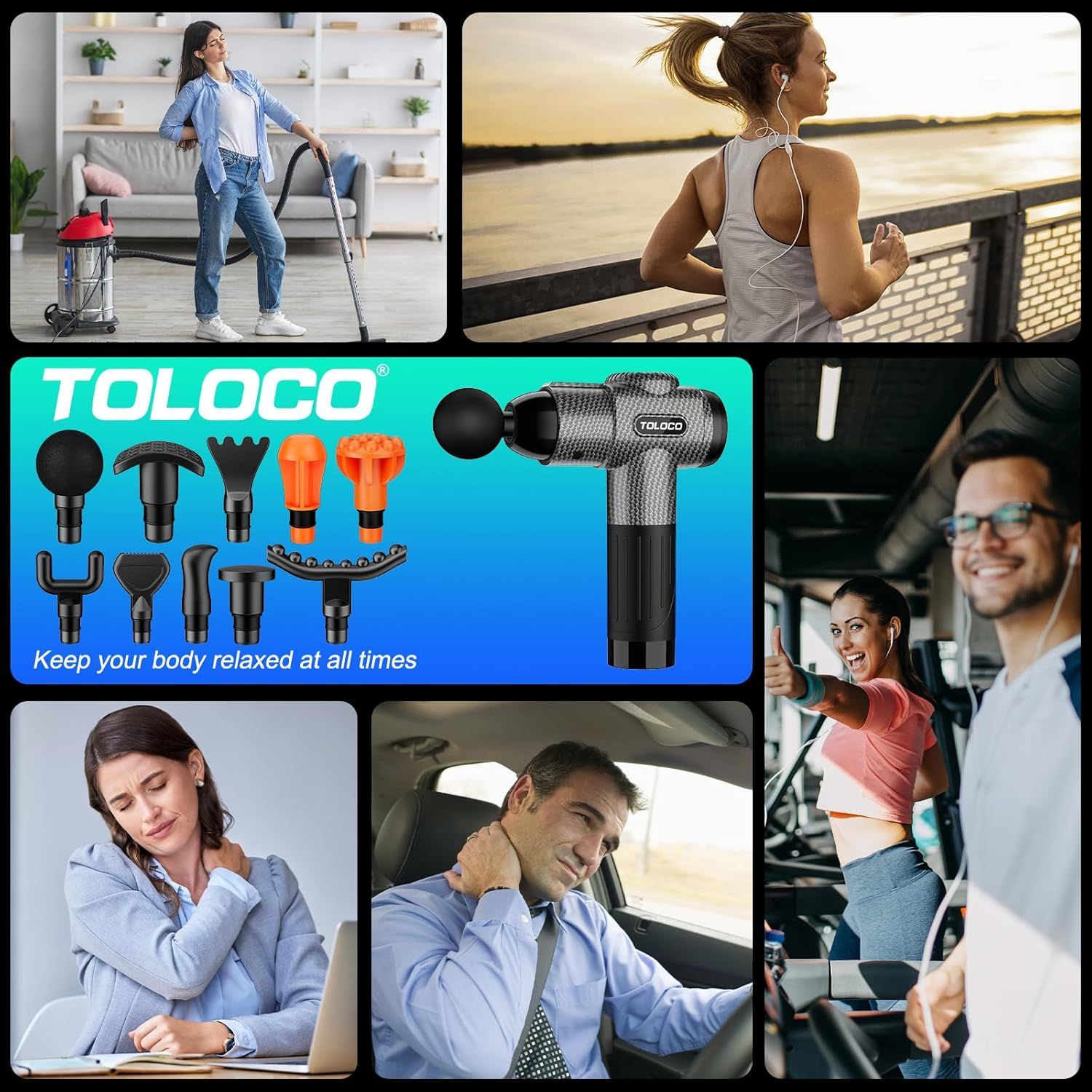 Demonstrates the massage gun can be used in multiple real-world scenarios including home cleaning, outdoor exercise, office work, driving, and gym workouts to show its versatility and broad…