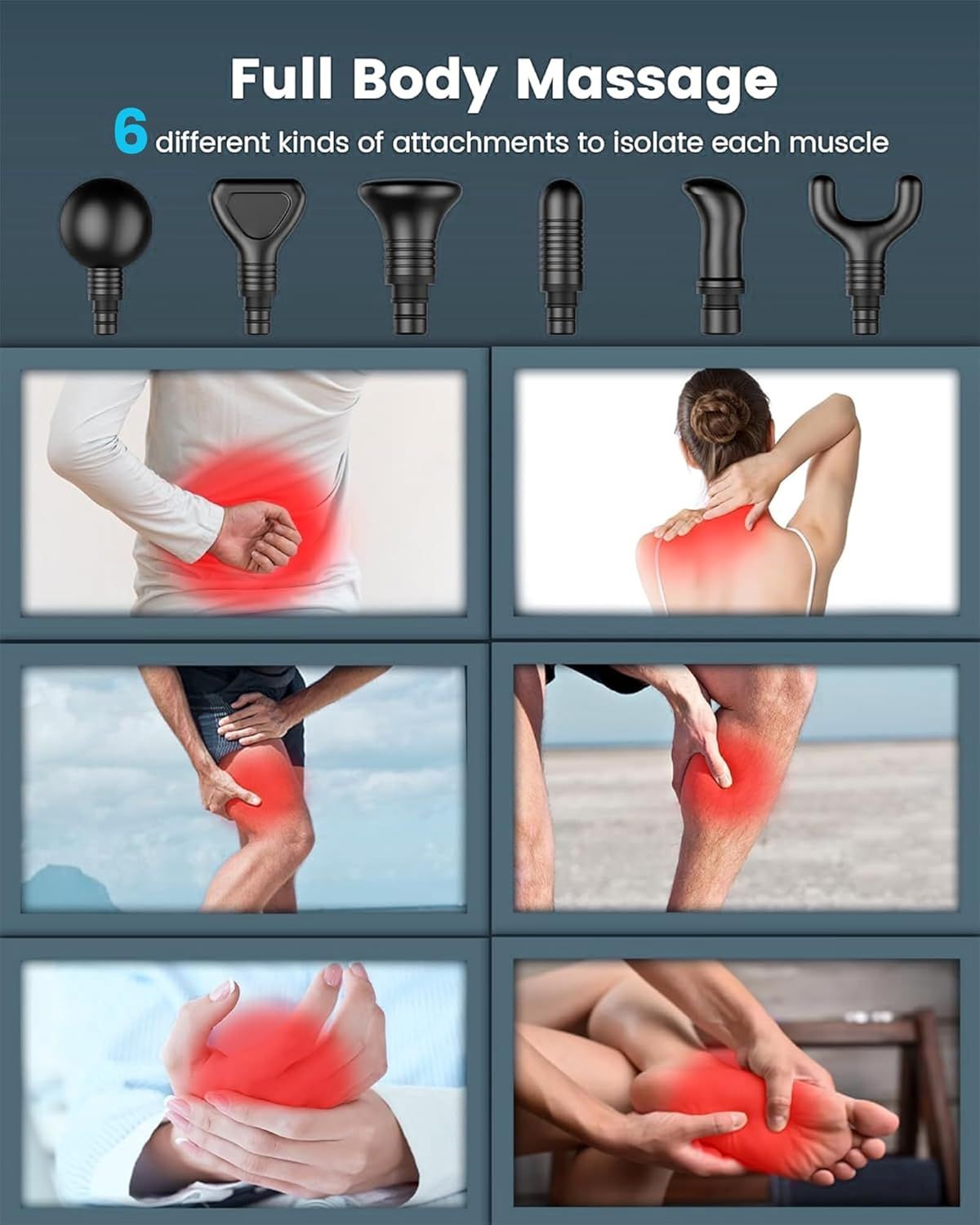 Demonstrates the versatility of the massage device by showing it can be used on multiple body areas (back, shoulder, knee, calf, foot, hand), reassuring shoppers that one product addresses many pain…