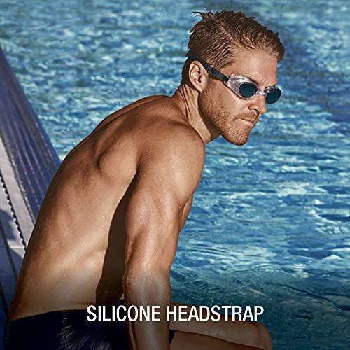 Highlights the silicone headstrap component of the swimming goggles to communicate the specific material and design feature of this part. Communicates the…