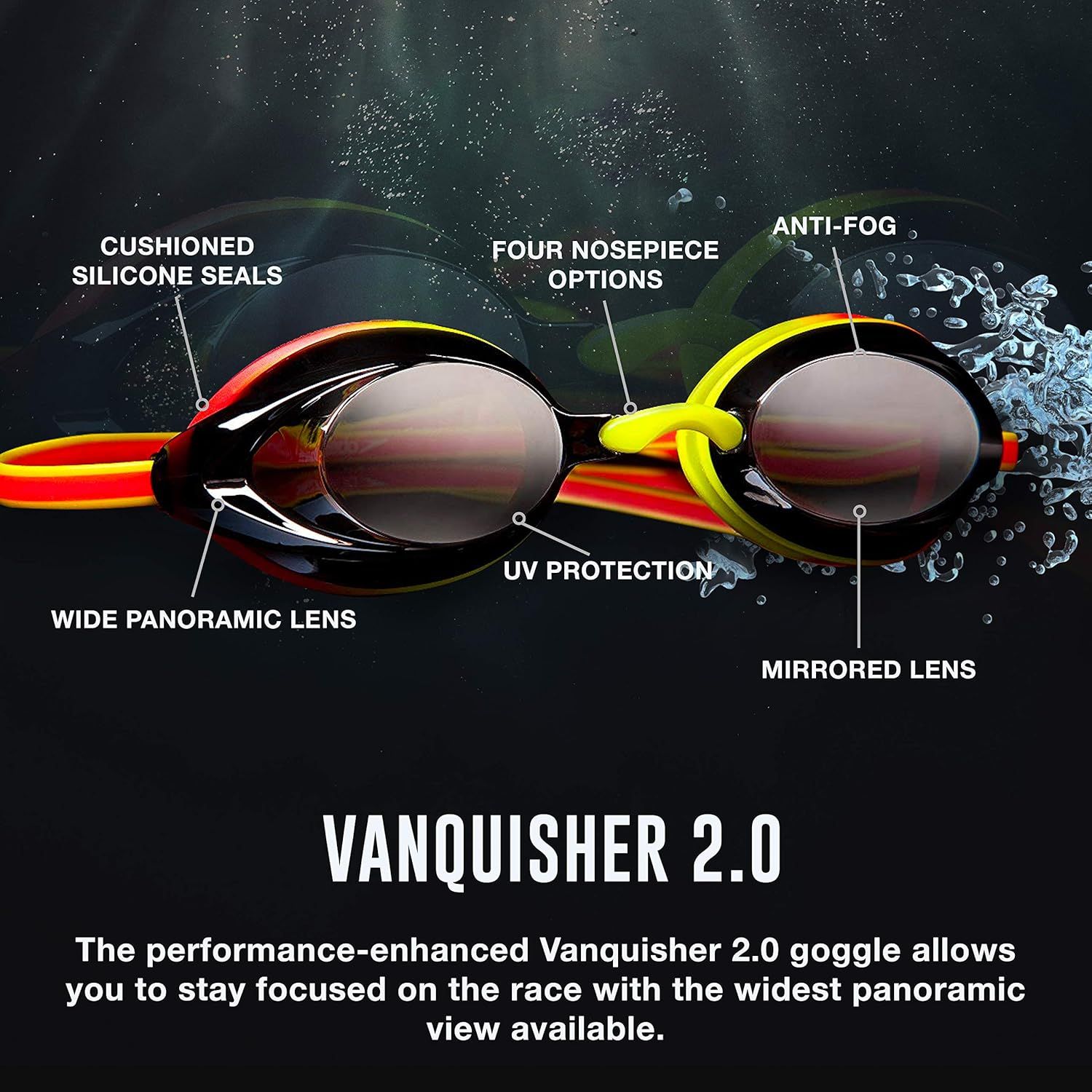 This image breaks down the swim goggles by labeling and pointing to key physical components and features, helping shoppers understand the product's…