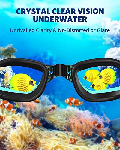 Communicates the product's superior underwater clarity and optical quality to reassure shoppers they will have an unobstructed, glare-free view while swimming or diving.
