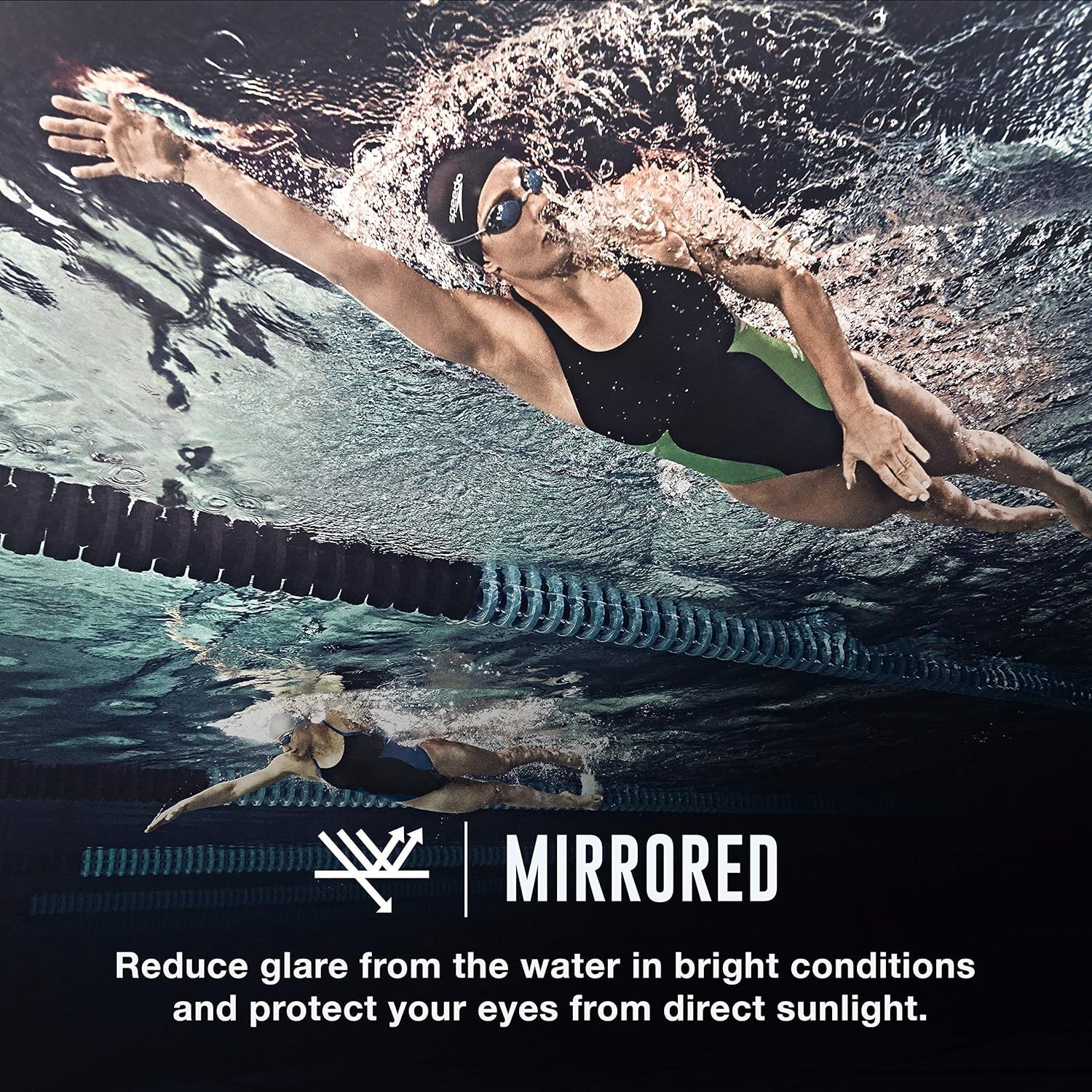 Communicates that the goggles feature mirrored lenses that reduce glare from water in bright conditions and protect eyes from direct sunlight.