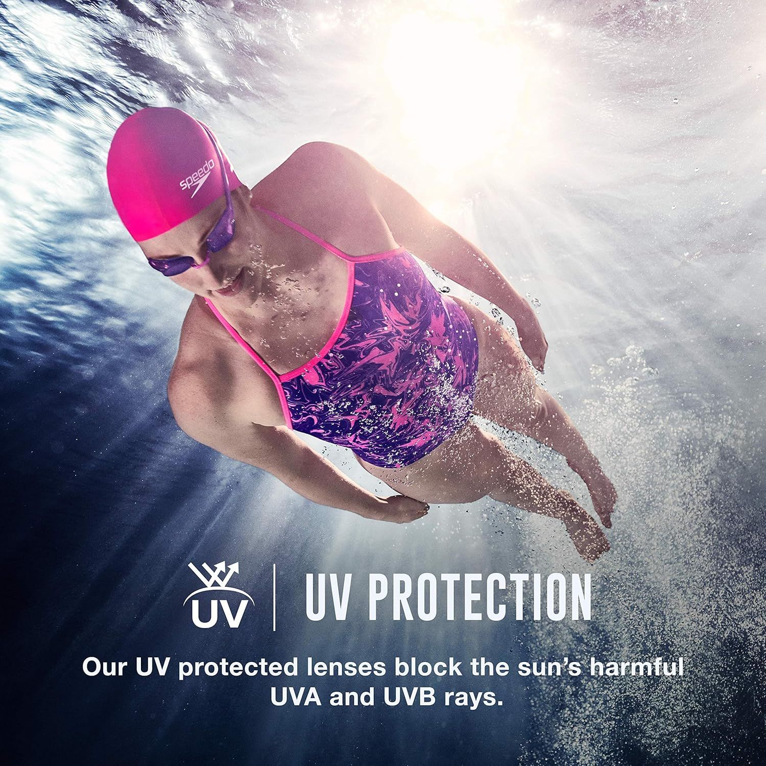 Communicates that the product (swim goggles) features UV-protected lenses that block harmful UVA and UVB rays, reassuring shoppers about eye safety during outdoor swimming.