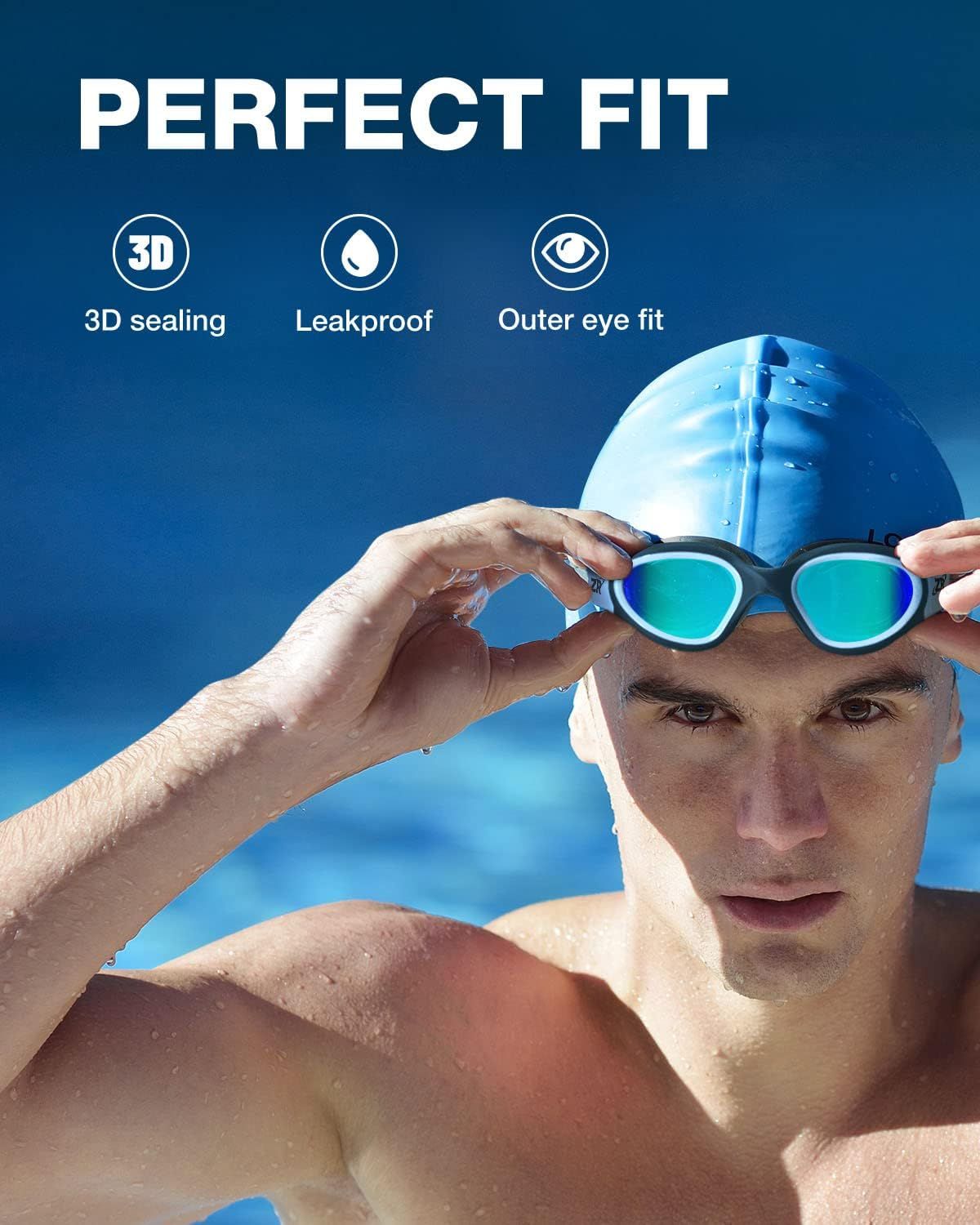 Communicates three distinct benefits of the swim goggles in a segmented layout to reassure shoppers about the product's superior fit and leak protection.