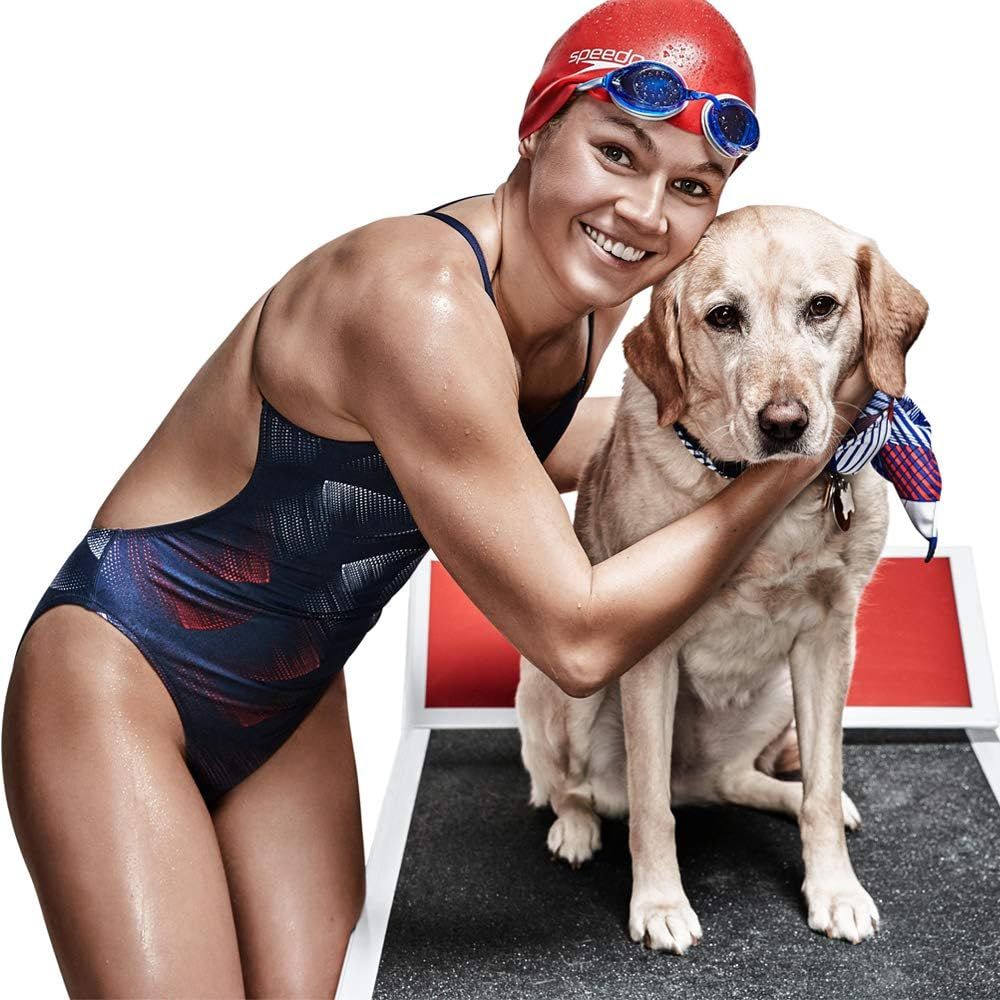 Creates an emotional connection by showing the product (swim cap and goggles) in a warm, relatable lifestyle context with a swimmer and their pet, building…