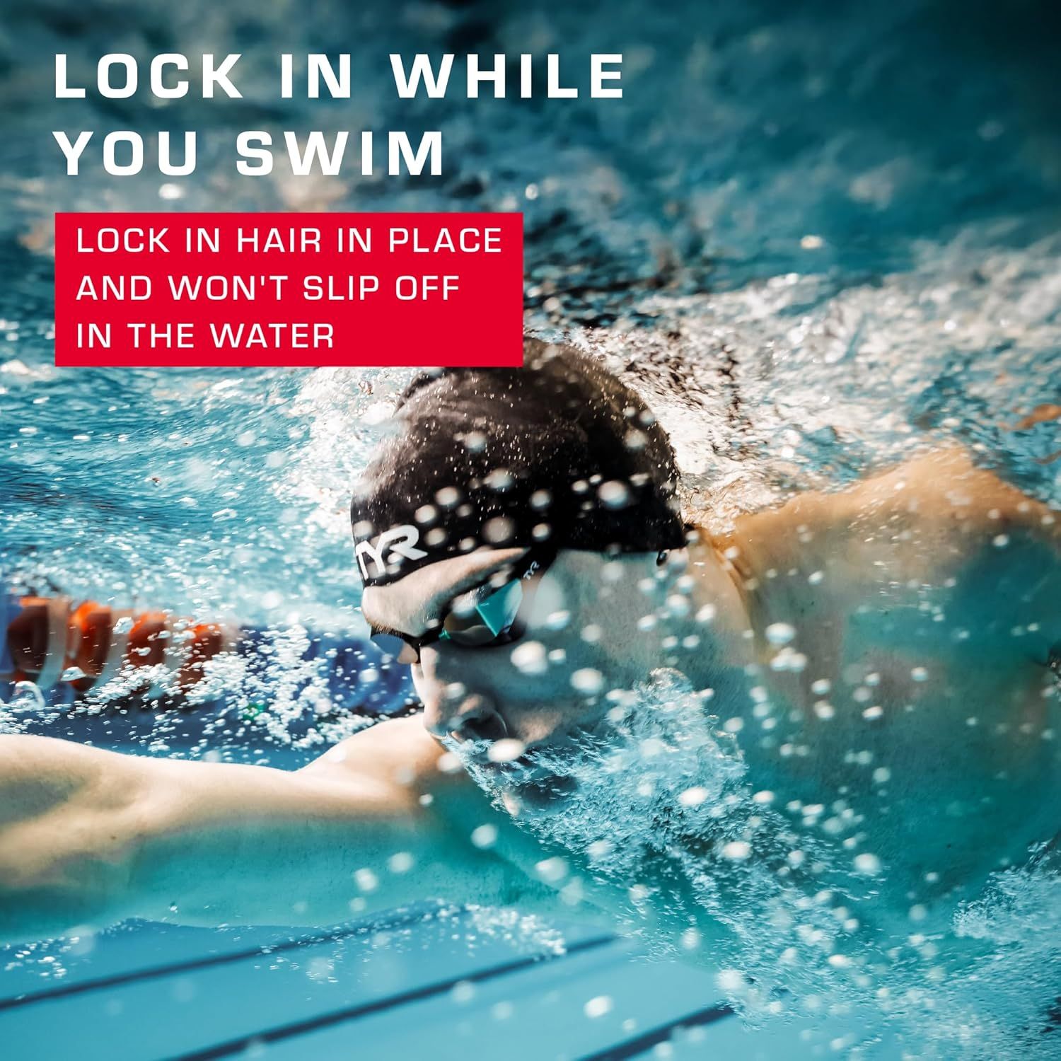Communicates that the product (swim cap or goggles) locks hair in place and won't slip off during swimming, reassuring shoppers of its secure fit and reliability in water.