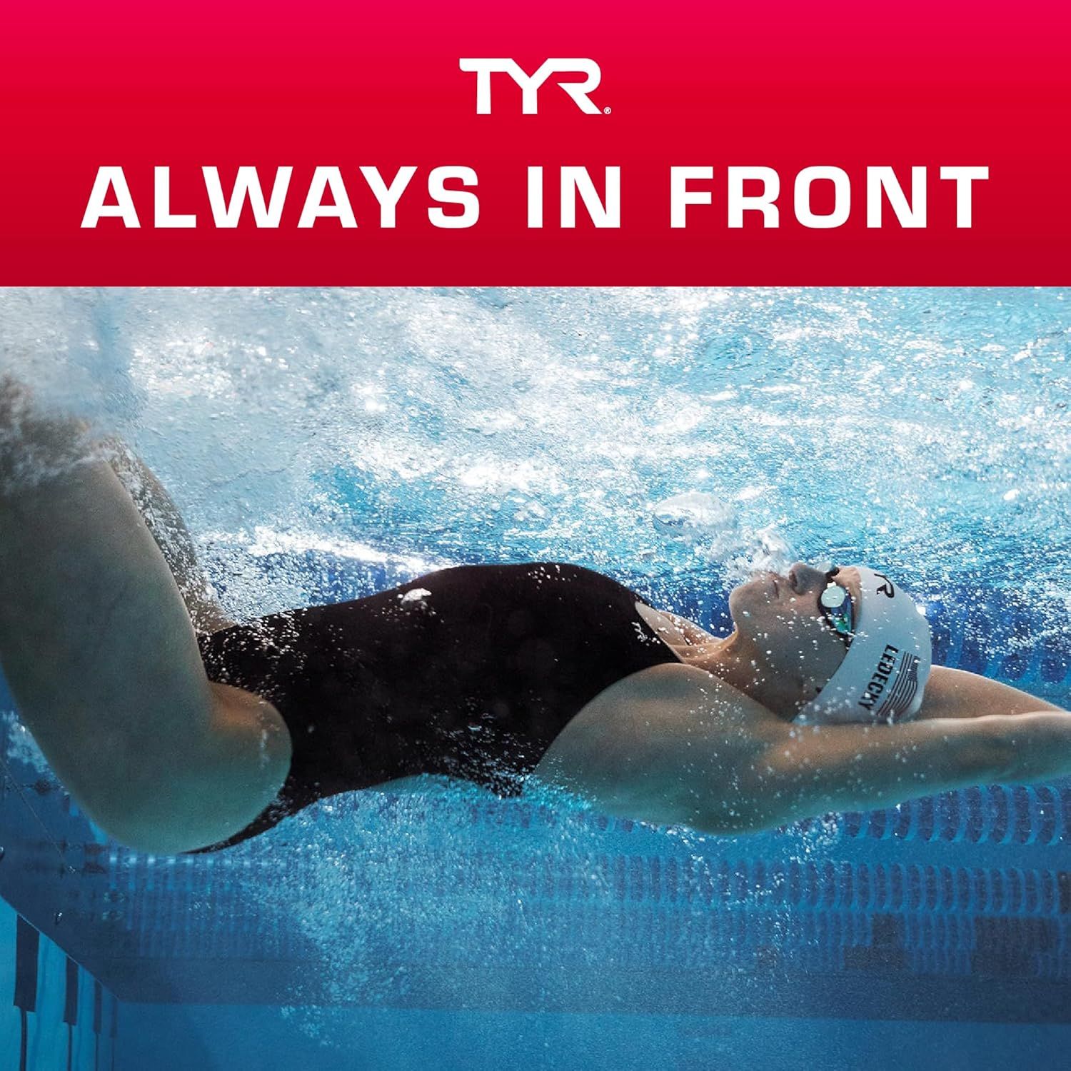 Communicates the TYR brand's core identity and competitive positioning with the tagline 'Always in Front,' reinforcing the brand's association with performance, leadership, and competitive swimming.