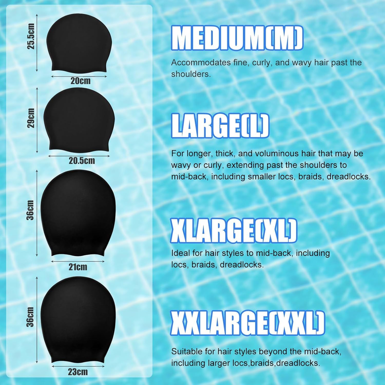 Helps shoppers choose the correct size by showing exact dimensions and hair type/length compatibility for four different product sizes. Displays the brand's complete product lineup showing four size…
