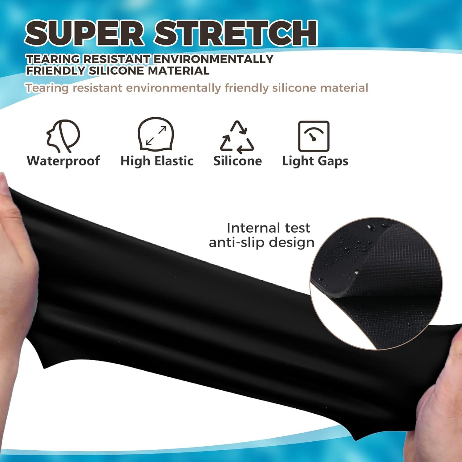 Communicates multiple material benefits of the silicone product including waterproof capability, elasticity, eco-friendly material, light gap feature, and anti-slip design to reassure shoppers of…