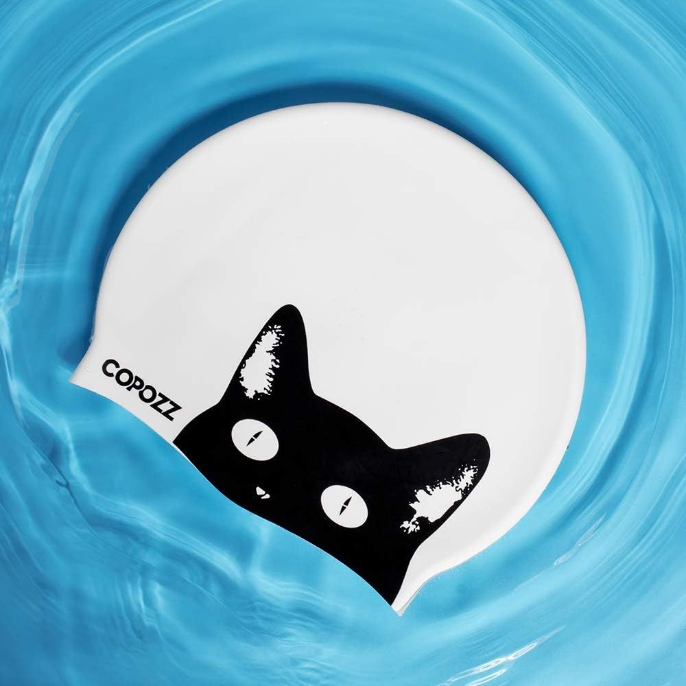 Provides a clean, catalog-style view of the swimming cap with its distinctive cat design and brand logo, allowing shoppers to see the product clearly without distractions.