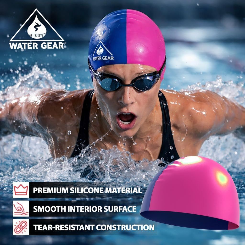 Highlights three distinct material and construction benefits of the swim cap to reassure shoppers of its quality, comfort, and durability.
