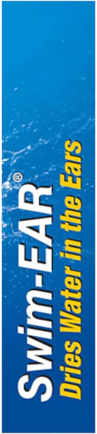 Communicates the brand name 'Swim-EAR' and its core positioning tagline 'Dries Water in the Ears' to establish brand recognition and primary product purpose.
