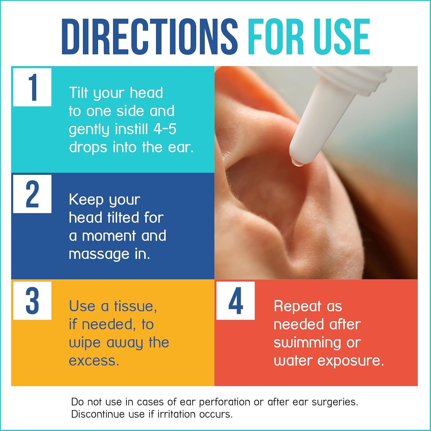 Provides clear, numbered instructions on how to properly apply ear drops, ensuring correct usage and effectiveness of the product.
