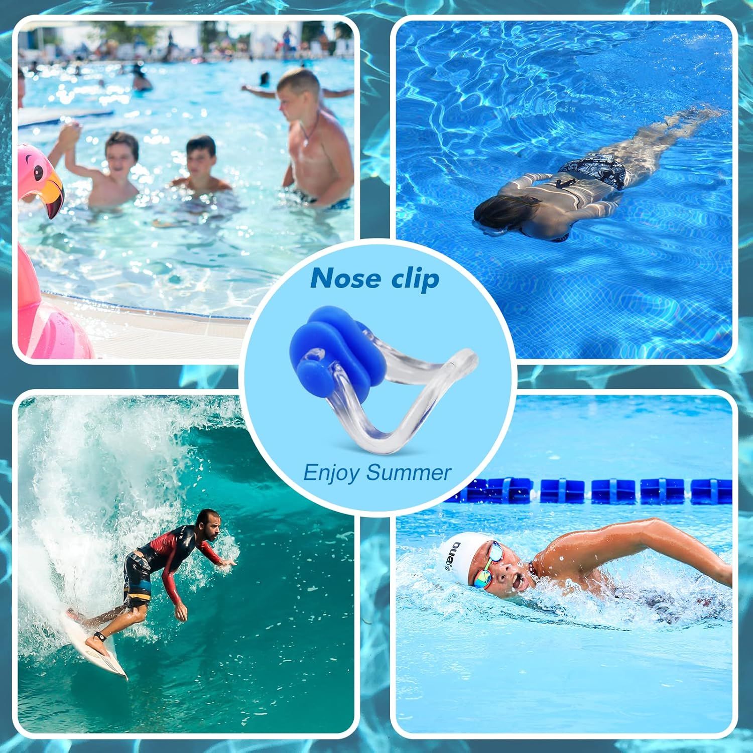 Demonstrates the nose clip's versatility across multiple water activities and environments, from casual pool use to surfing and competitive swimming, reassuring shoppers it works for various aquatic…