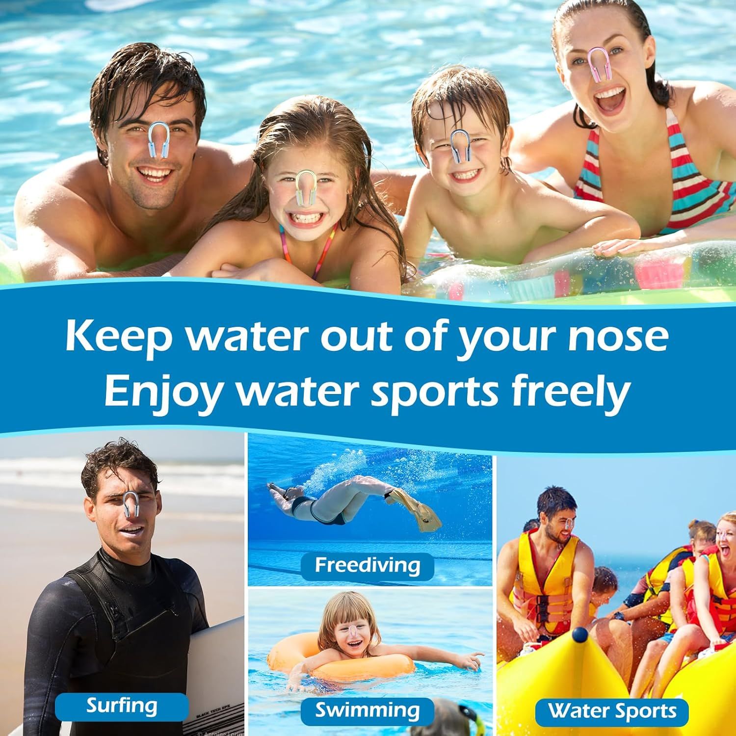 Demonstrates the versatility of the nose clip product by showing it can be used across multiple water activities including surfing, freediving, swimming, and water sports, reassuring shoppers of its…