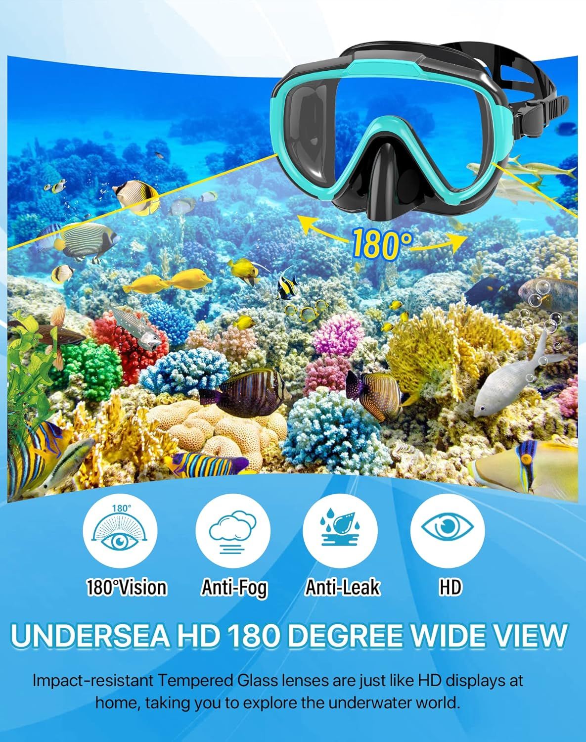 Communicates multiple key benefits of the diving mask in a segmented layout with icons, showing shoppers the comprehensive feature set that makes it ideal for underwater exploration.
