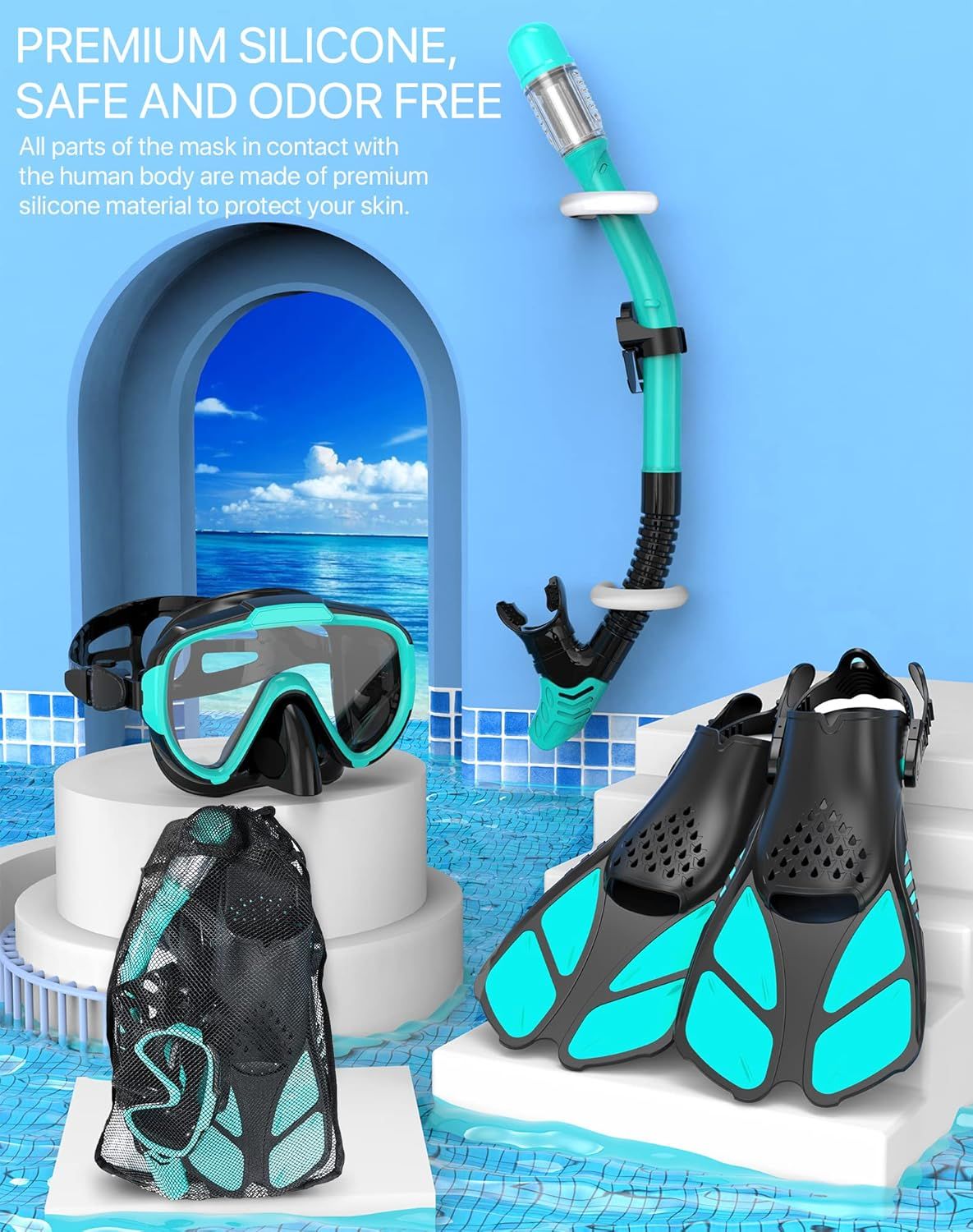 Reassures shoppers that the mask components are made from safe, premium silicone material that is odor-free and gentle on skin. Communicates the product's use of premium silicone material as a key…