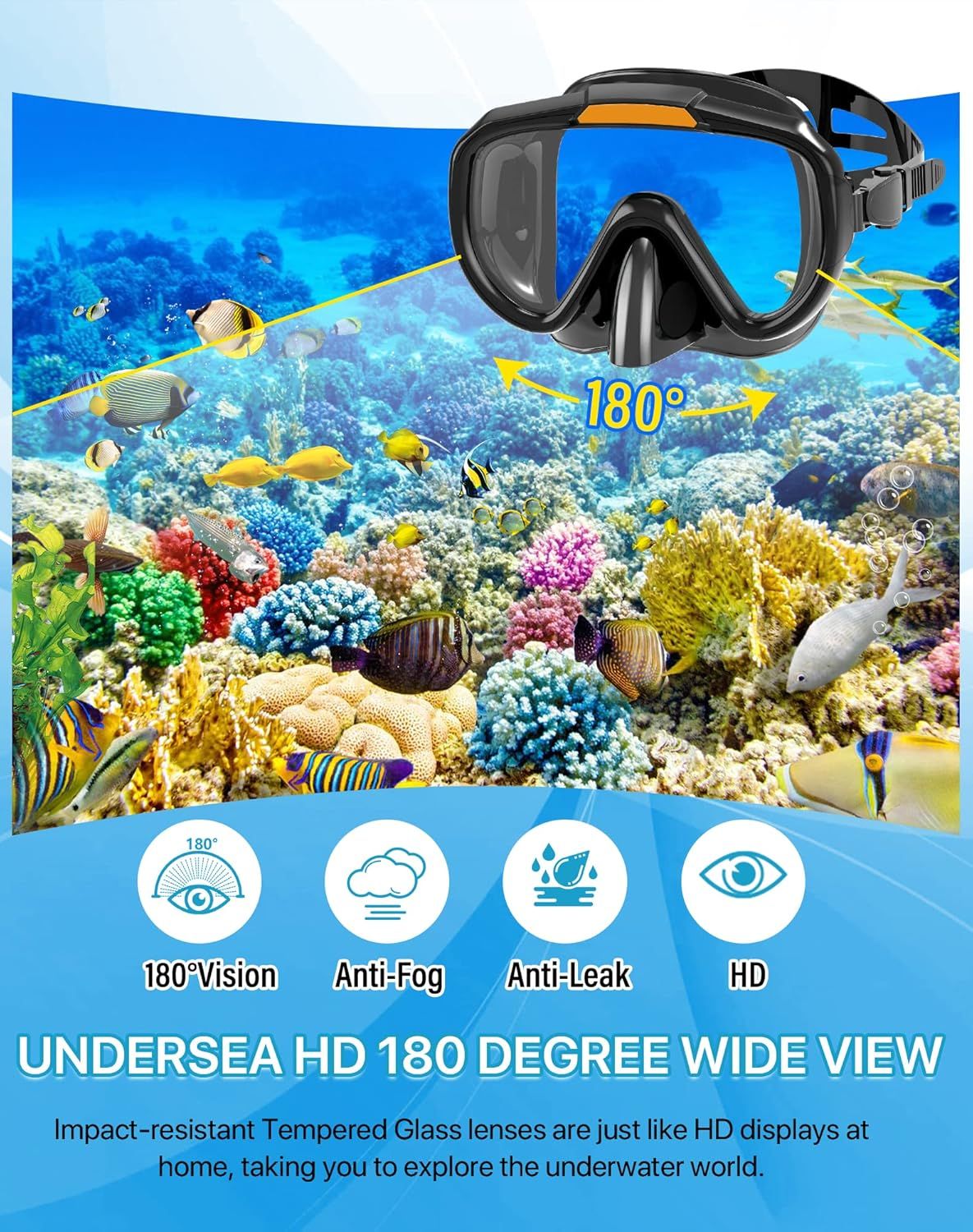 Showcases four distinct benefits of the diving mask in a segmented layout with icons and labels, demonstrating the product's comprehensive feature set to reassure shoppers of its quality and…