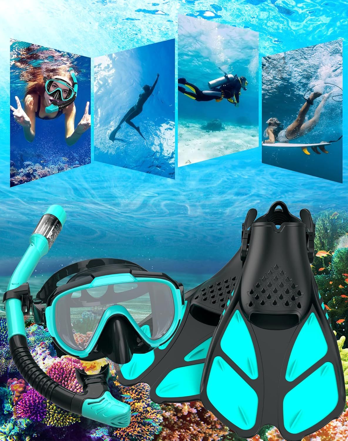 Demonstrates the versatility of the snorkeling gear by showing it in multiple underwater use scenarios — snorkeling, diving, and swimming — to communicate that the product is suitable for various…
