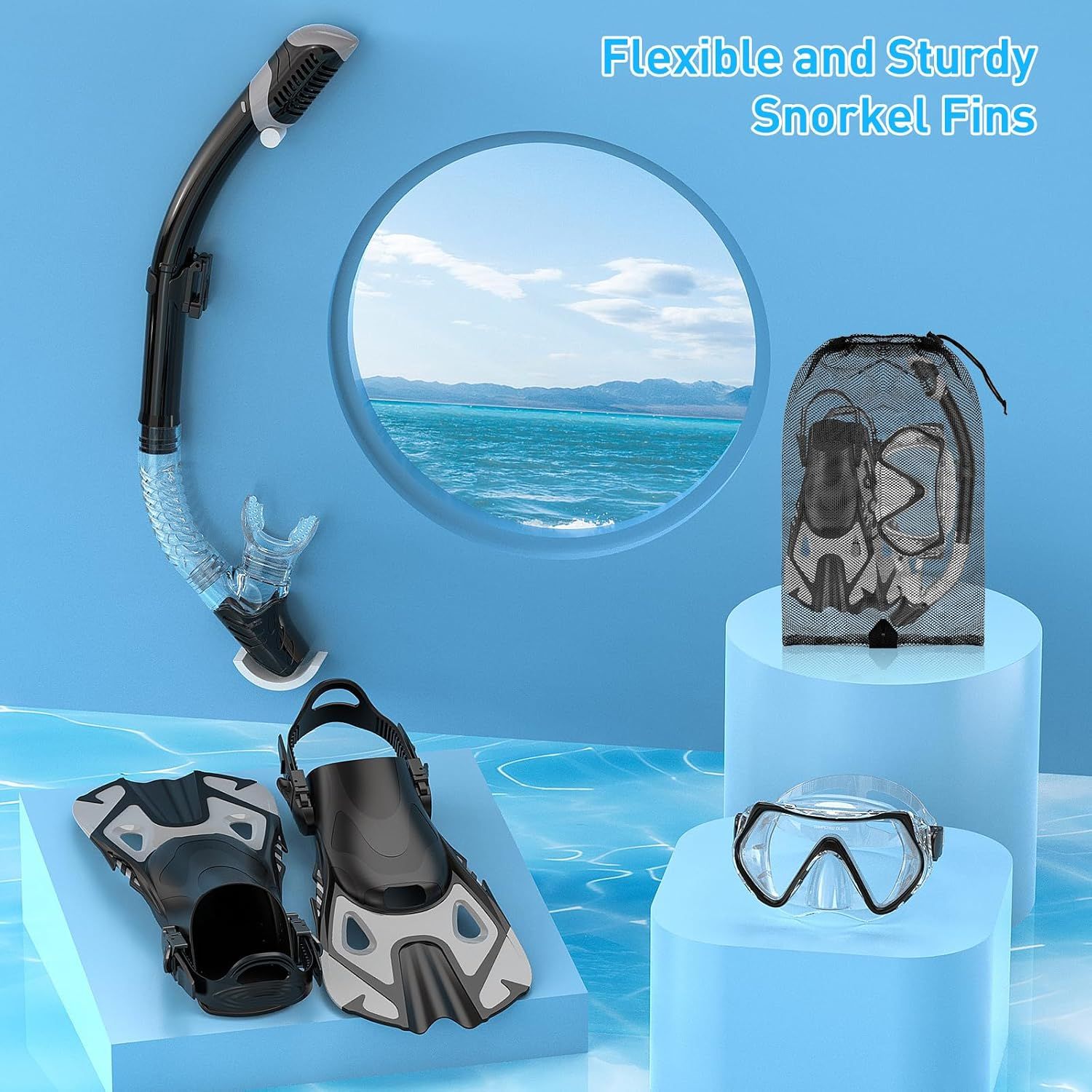 Highlights the durability and flexibility of the snorkel fins as a key product benefit, reassuring shoppers of quality construction for snorkeling activities.