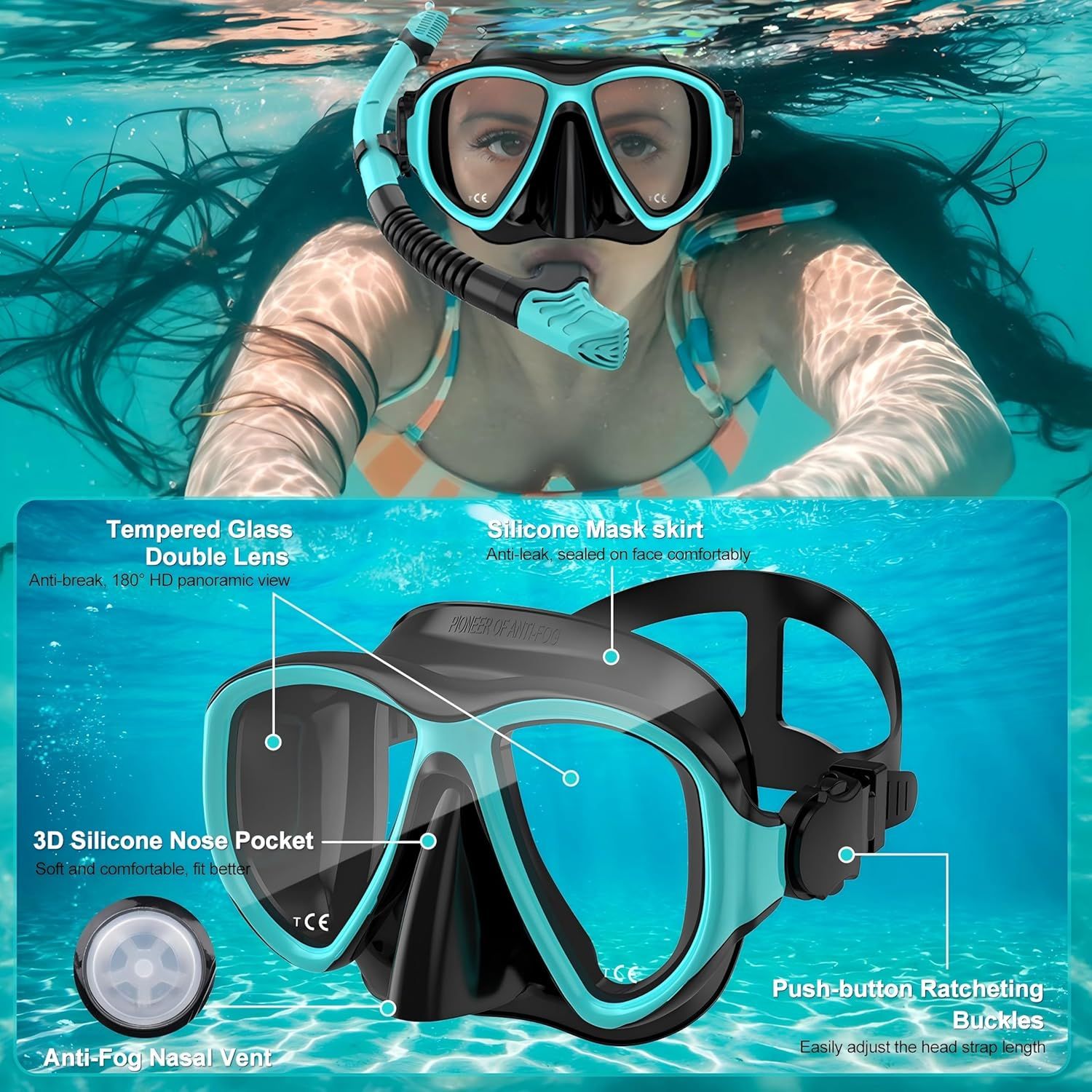 This image breaks down the snorkel mask's physical components with labeled callouts to help shoppers understand the construction quality and comfort features of each part. Communicates multiple…