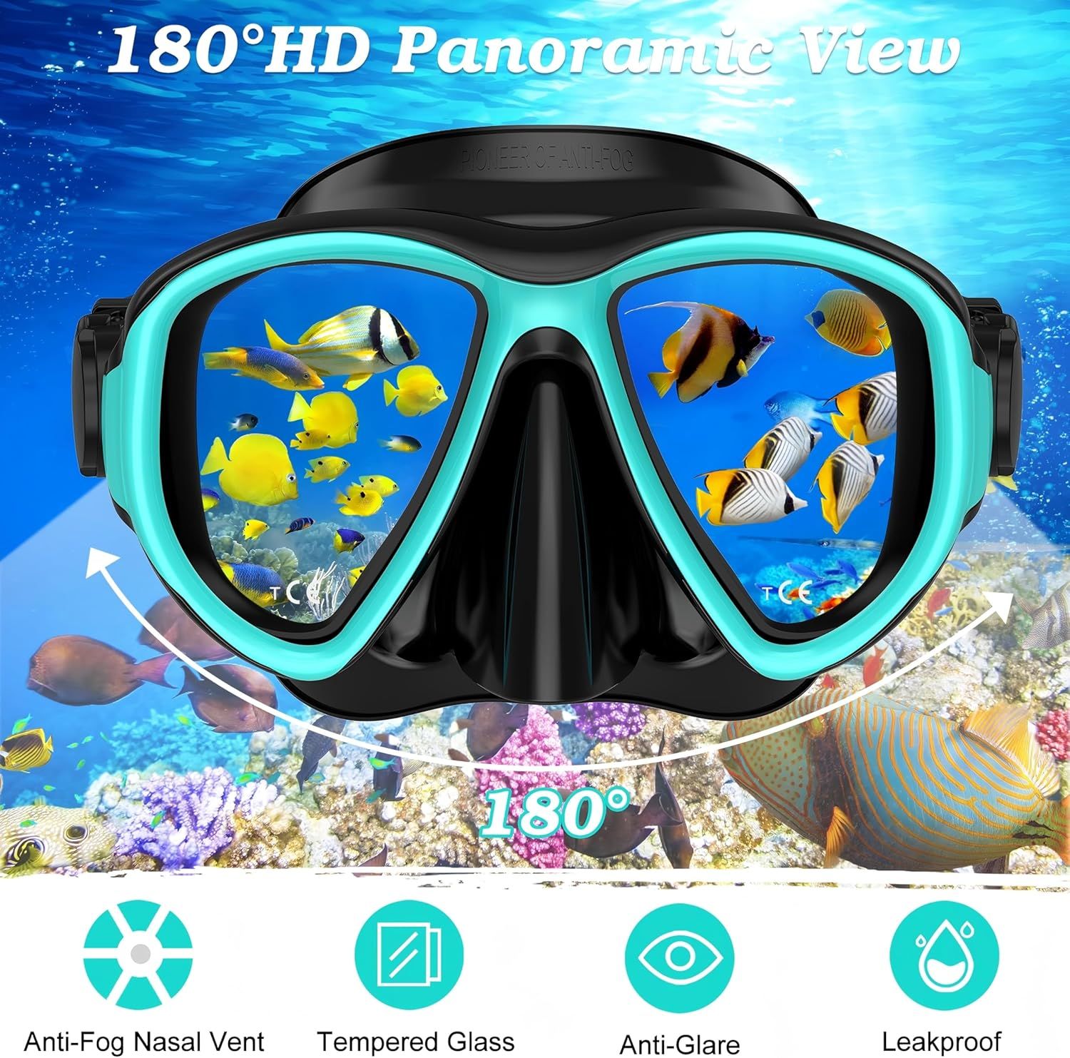 Communicates multiple key benefits of the diving mask including wide field of vision, fog prevention, durable glass, glare reduction, and water-tight seal to reassure shoppers of comprehensive…