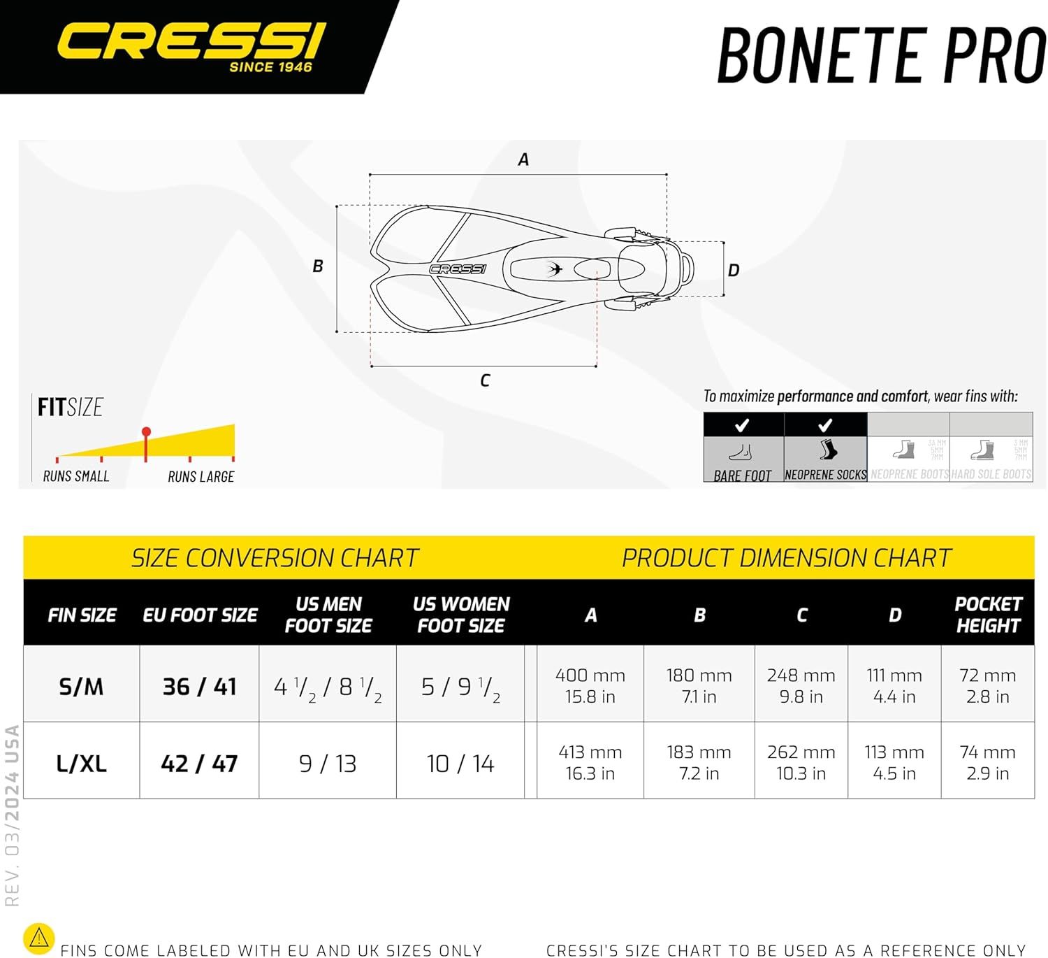 Provides detailed dimensional measurements of the fins (A, B, C, D dimensions) and size conversion information to help shoppers select the correct size and understand the physical dimensions of the…