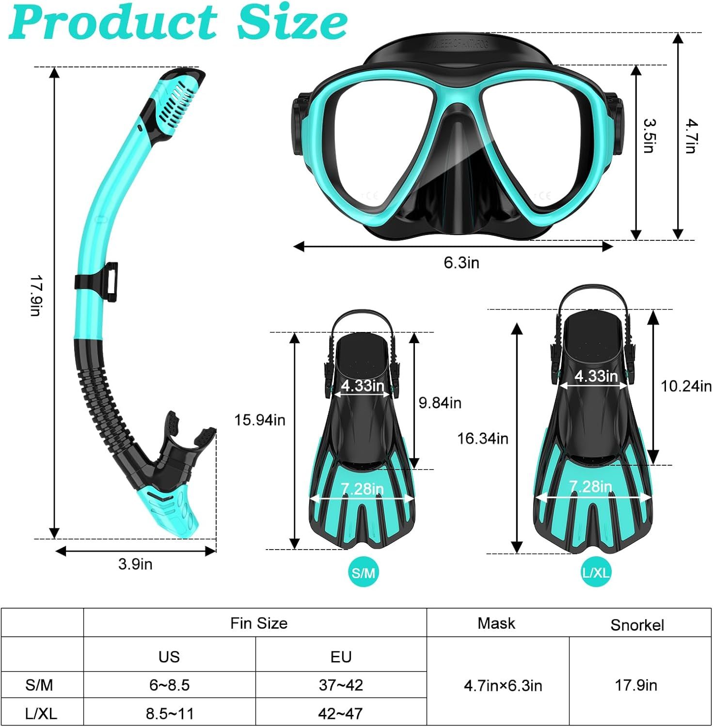 Provides detailed physical measurements of the snorkel mask, fins, and snorkel tube to help shoppers understand the exact size of each component and choose the correct size option.