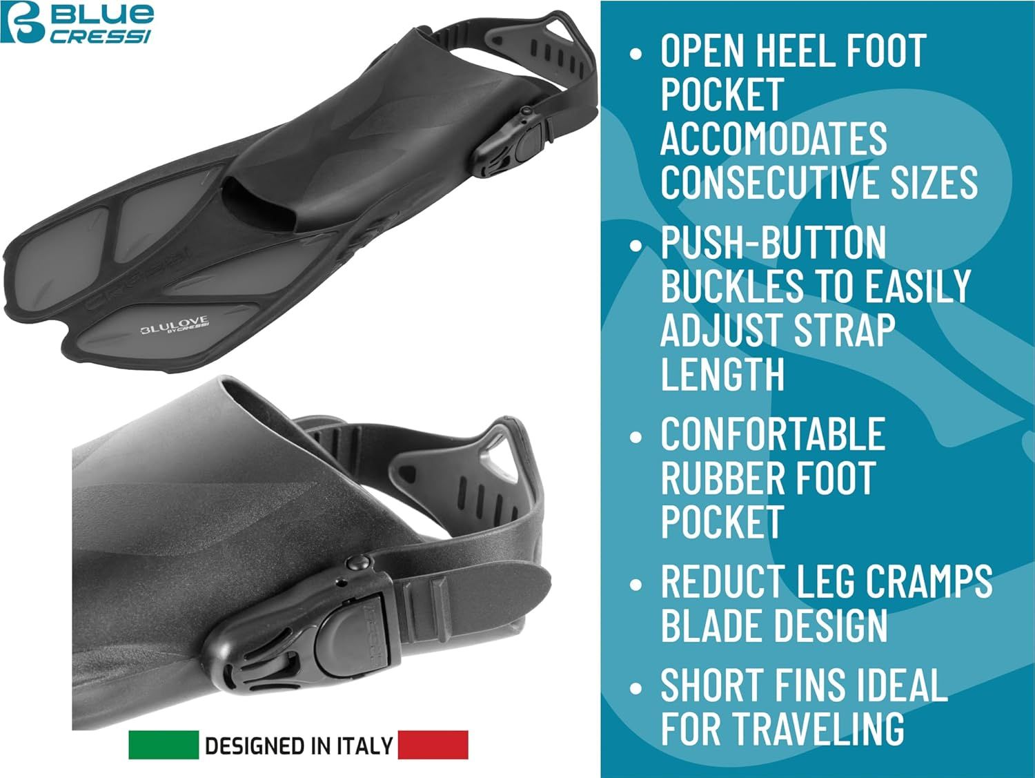 Communicates multiple distinct benefits of the diving fins in a bulleted list format, highlighting adjustability, comfort, performance, and portability to help shoppers understand the product's…