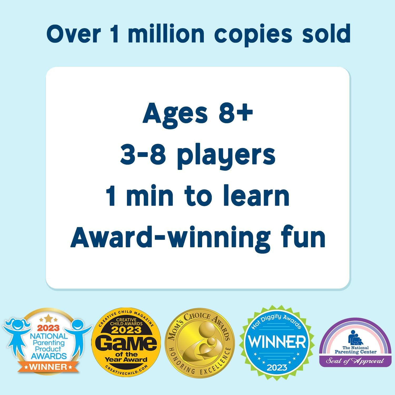 Communicates the product's commercial success and award-winning status to build trust and social proof, while also highlighting key product specifications like age range, player count, and ease of…