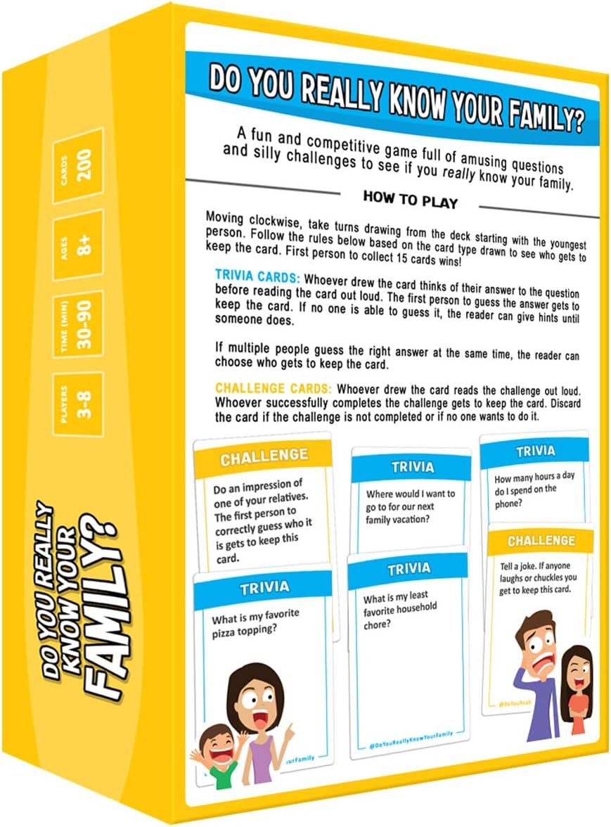 Explains how to play the family trivia game, including turn order, card types, and winning conditions to help shoppers understand the gameplay mechanics. Shows examples of the different card types…