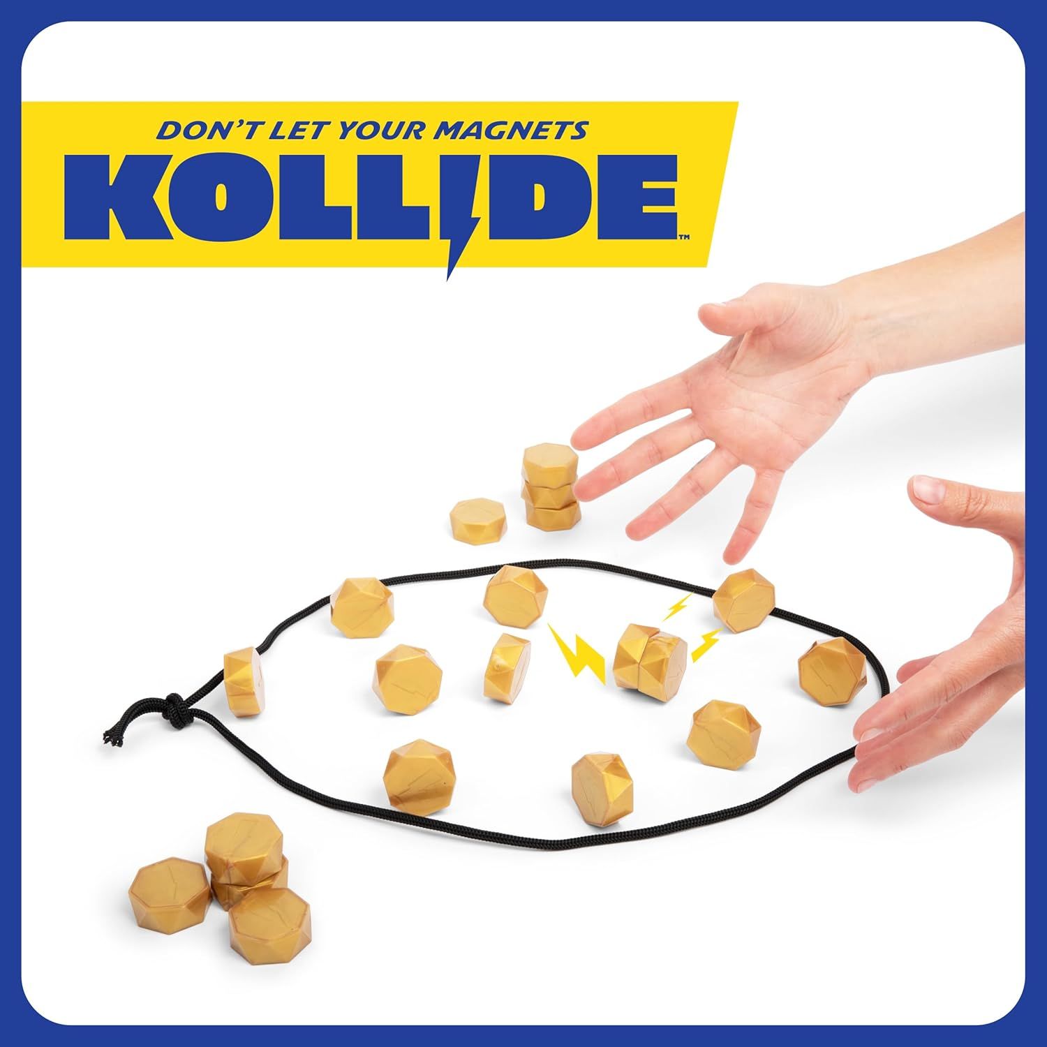 Demonstrates the product's key benefit of keeping magnetic pieces contained within a drawstring boundary to prevent them from colliding or scattering.