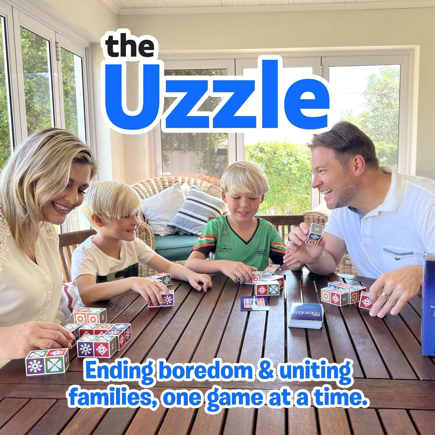 Demonstrates the product's use case as a family bonding activity that brings people together and eliminates boredom, positioning it as a social and entertainment solution.