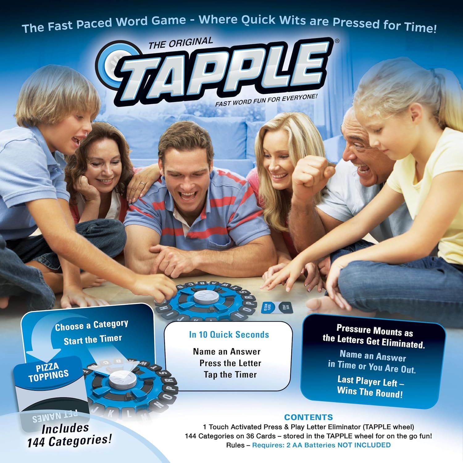 Explains how to play the Tapple game with a clear three-step instructional sequence, helping shoppers understand the gameplay mechanics before purchase. Shows what comes in the box, including the…