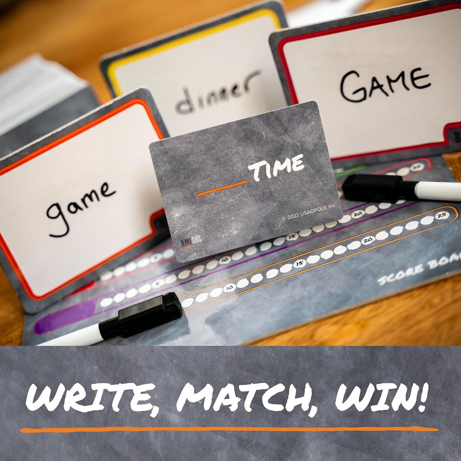 Communicates the simple three-step gameplay mechanic (write, match, win) to help shoppers quickly understand how to play the game. Highlights the straightforward and accessible nature of the game…