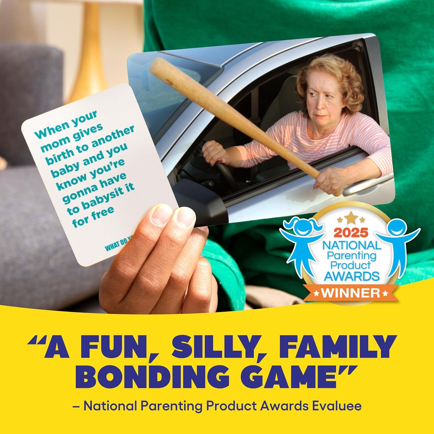 Showcases the product's credibility and third-party validation by displaying a 2025 National Parenting Product Awards Winner badge and an evaluee quote from the organization. Uses a direct quote…