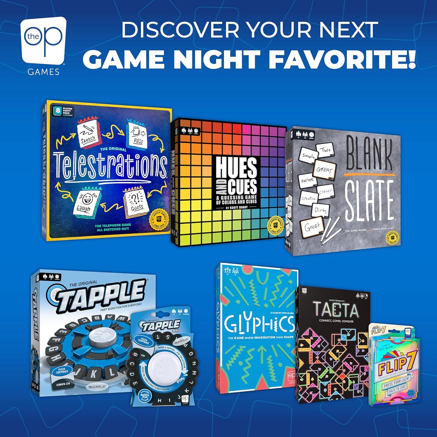 Showcases the brand's game product lineup to help shoppers discover the variety of games available from The Op Games and position the brand as a trusted source for game night entertainment.