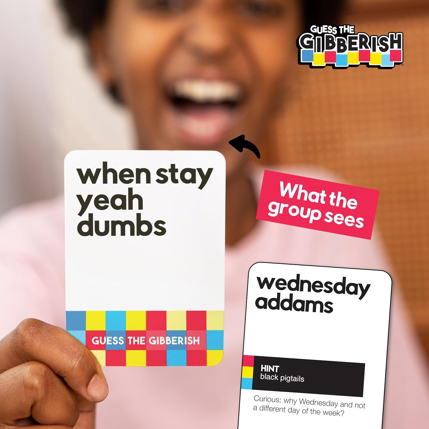 Demonstrates what's included in the game package by showing example game cards and how the game is played, helping shoppers understand the product contents and gameplay.