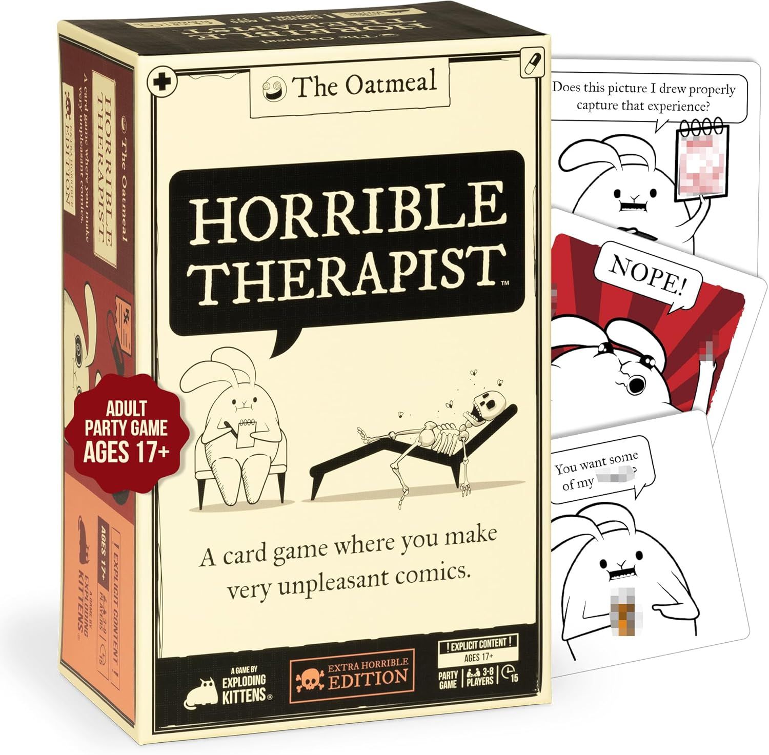 Shows shoppers what's inside the box by displaying sample game cards alongside the packaging, helping them understand the game's content and humor style before purchase.