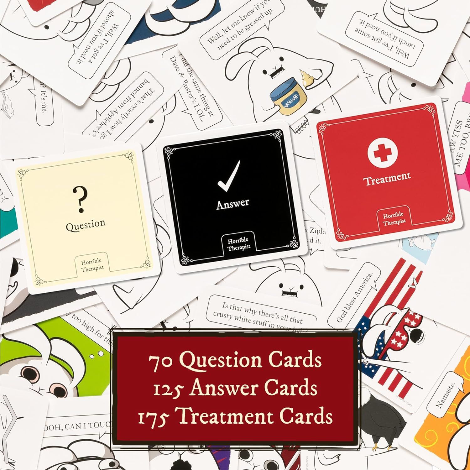 Shows shoppers exactly what they receive in the box: 70 Question Cards, 125 Answer Cards, and 175 Treatment Cards, helping them understand the complete game contents and value.