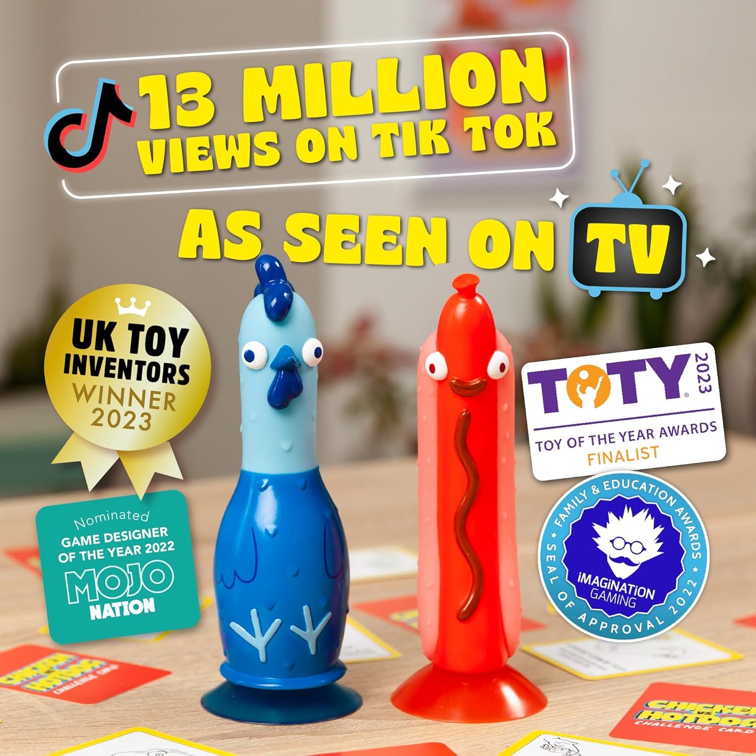 Builds credibility and social proof by showcasing the product's viral TikTok success, TV appearances, and multiple award wins from recognized toy industry organizations.